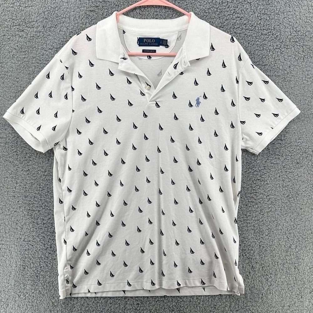 Polo Ralph Lauren Men White Sailboat Print Custom Slim Fit Polo Shirt Large